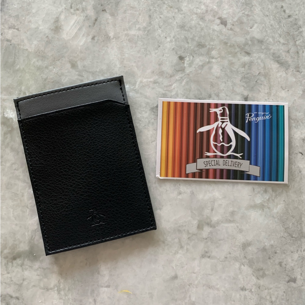 NWT Original Penguin Black & Grey Leather Card Holder – Slim Wallet